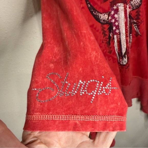 Liberty Wear Tunic Embellished Steer USA Sturgis Red Asymmetrical Women’s Size L - Picture 2 of 13